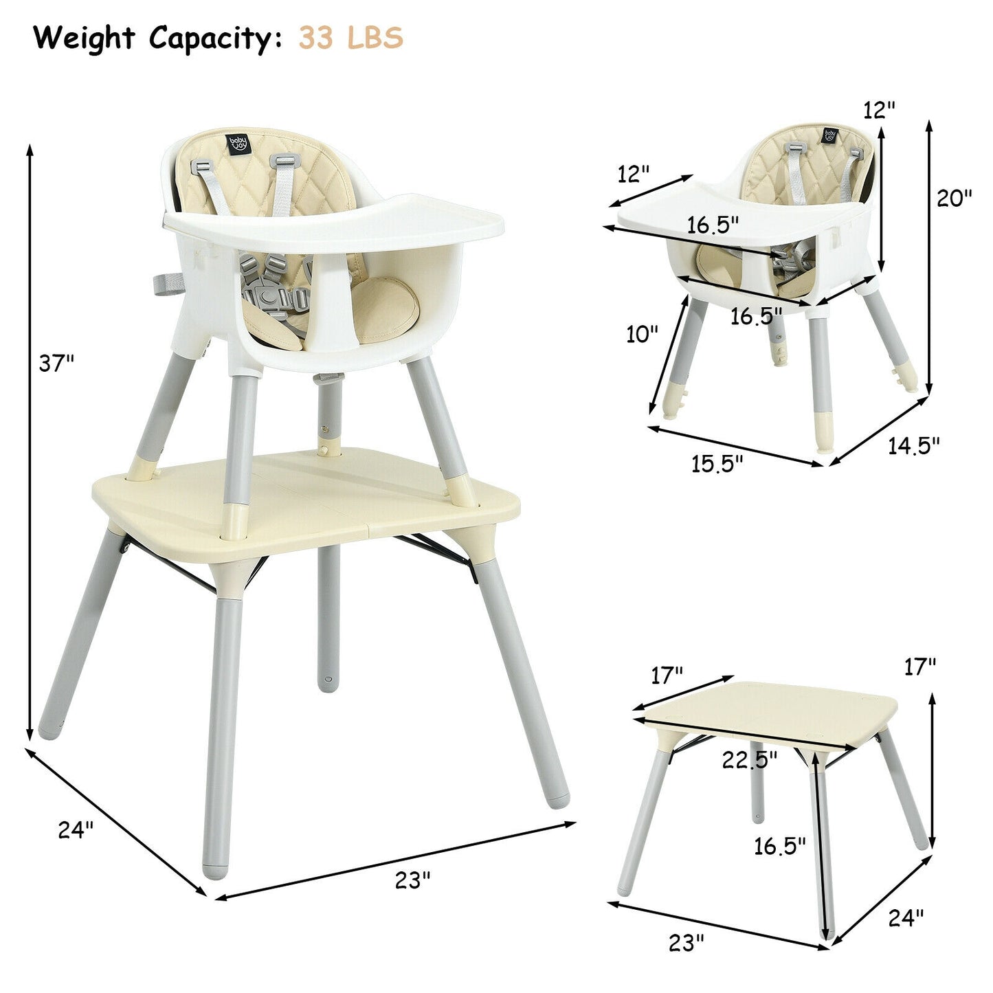 4-in-1 Convertible Baby High Chair with PU Cushion