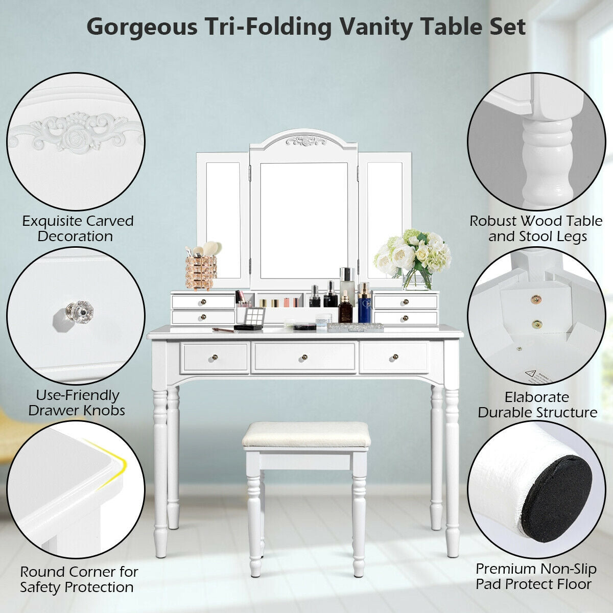 Tri-Fold Mirror Makeup Vanity Table with Cushioned Stool