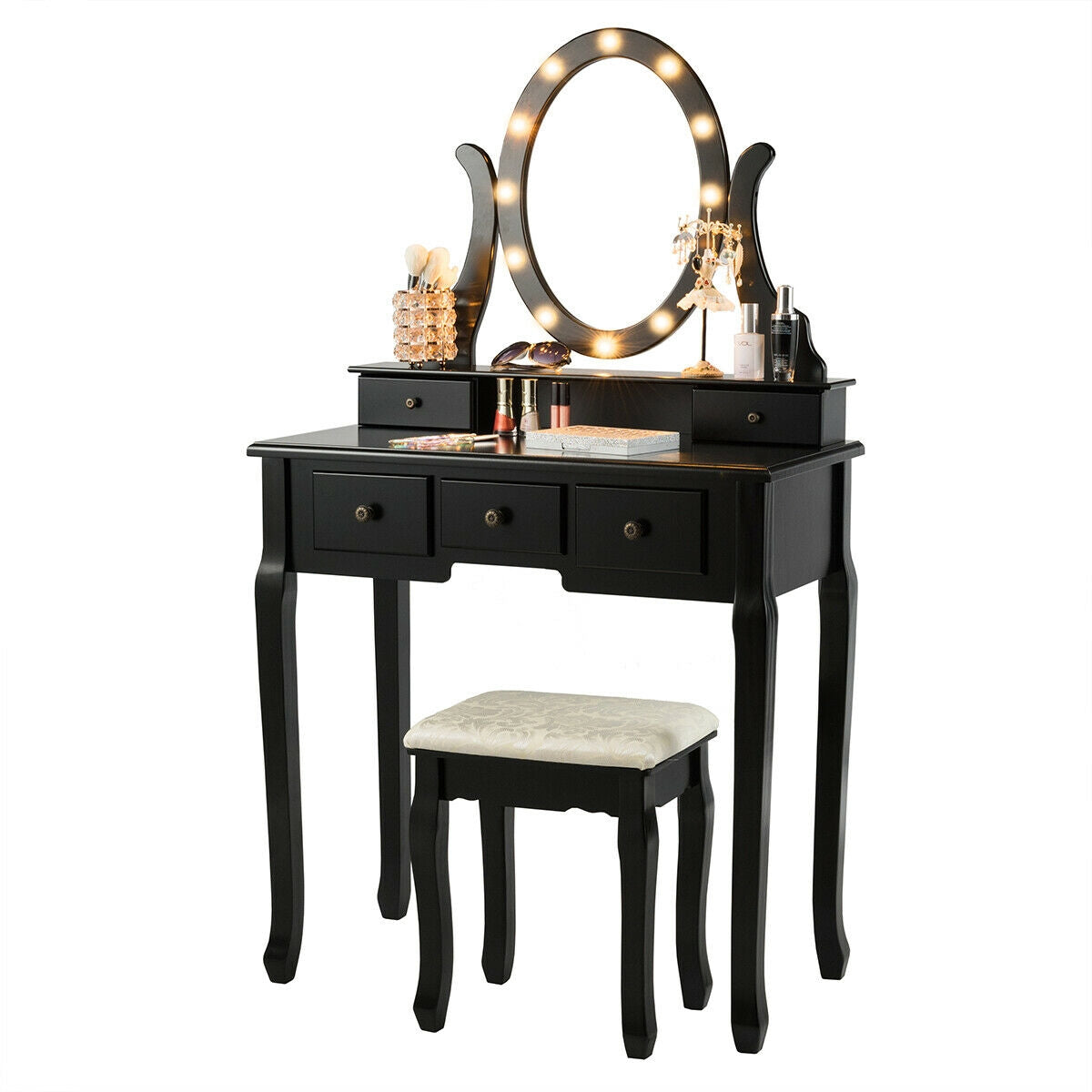 5-Drawer Vanity Table Set with LED Lighted Mirror & Stool