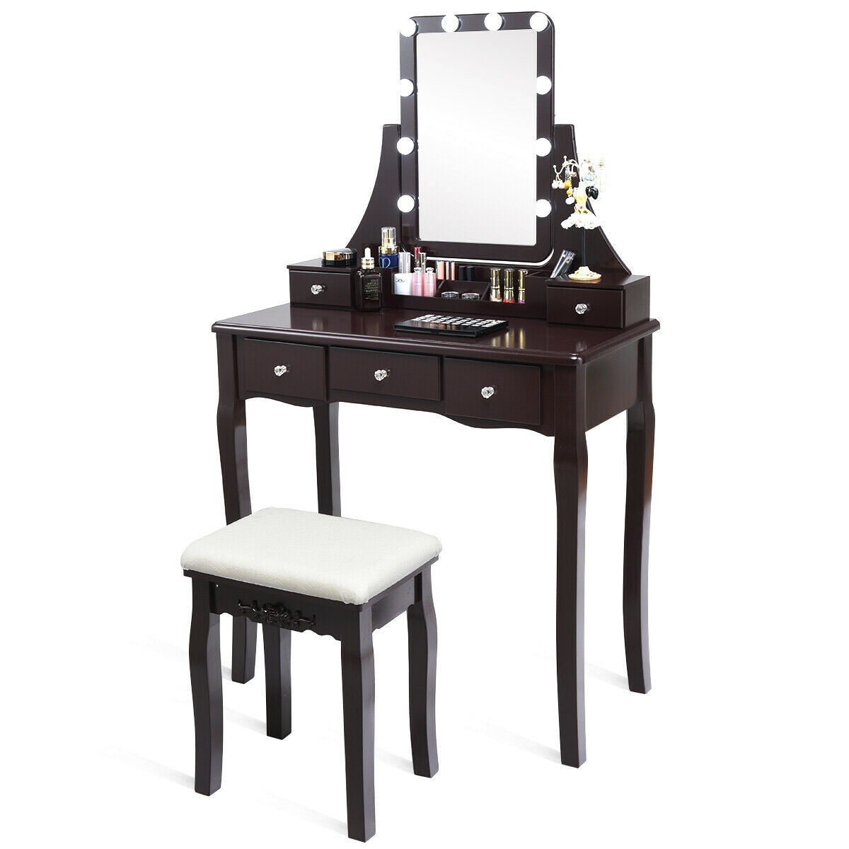 Vanity Table with 10 Dimmable Lights and Cushioned Stool