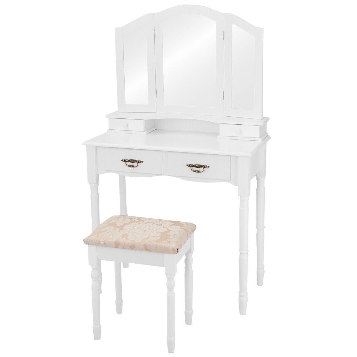Vanity Set with Tri-Fold Mirror, 4 Drawers & Cushioned Stool