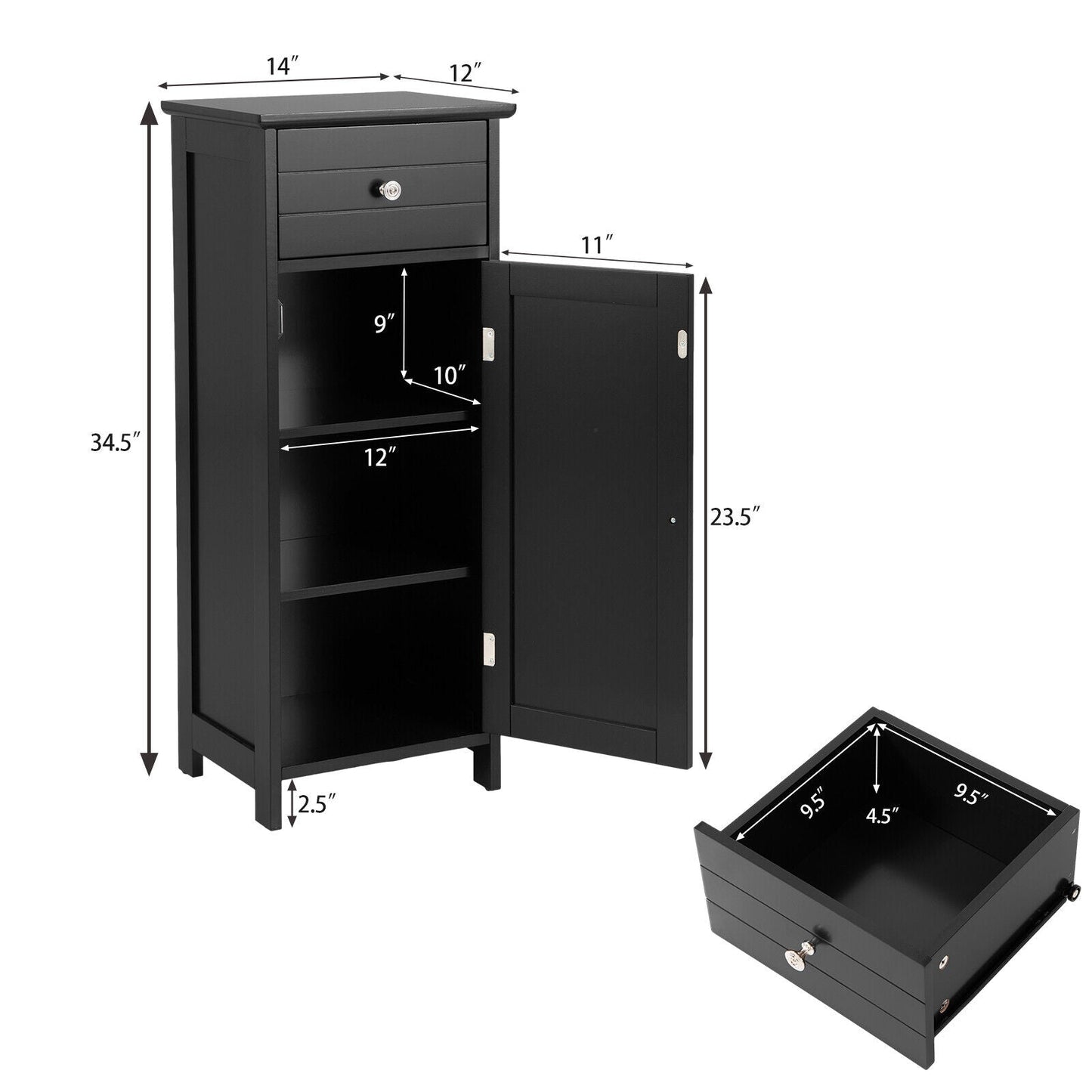 Wooden Bathroom Floor Storage Cabinet with Drawer and Shelf