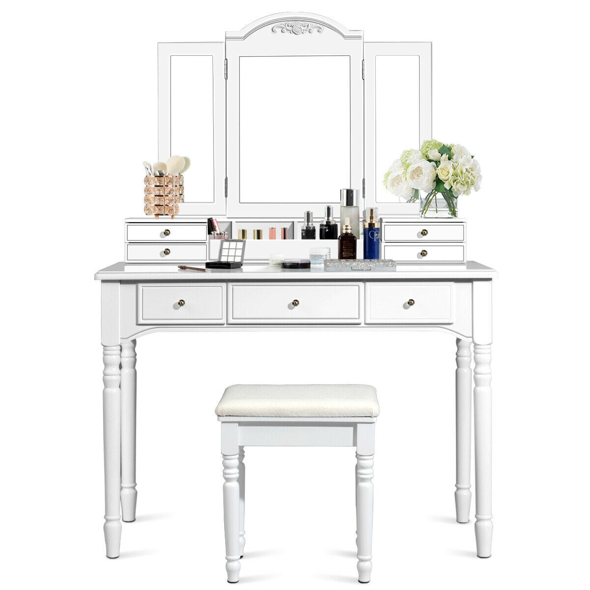 Tri-Fold Mirror Makeup Vanity Table with Cushioned Stool