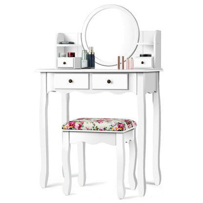 Makeup Vanity Table Set with Oval Mirror and Cushioned Stool