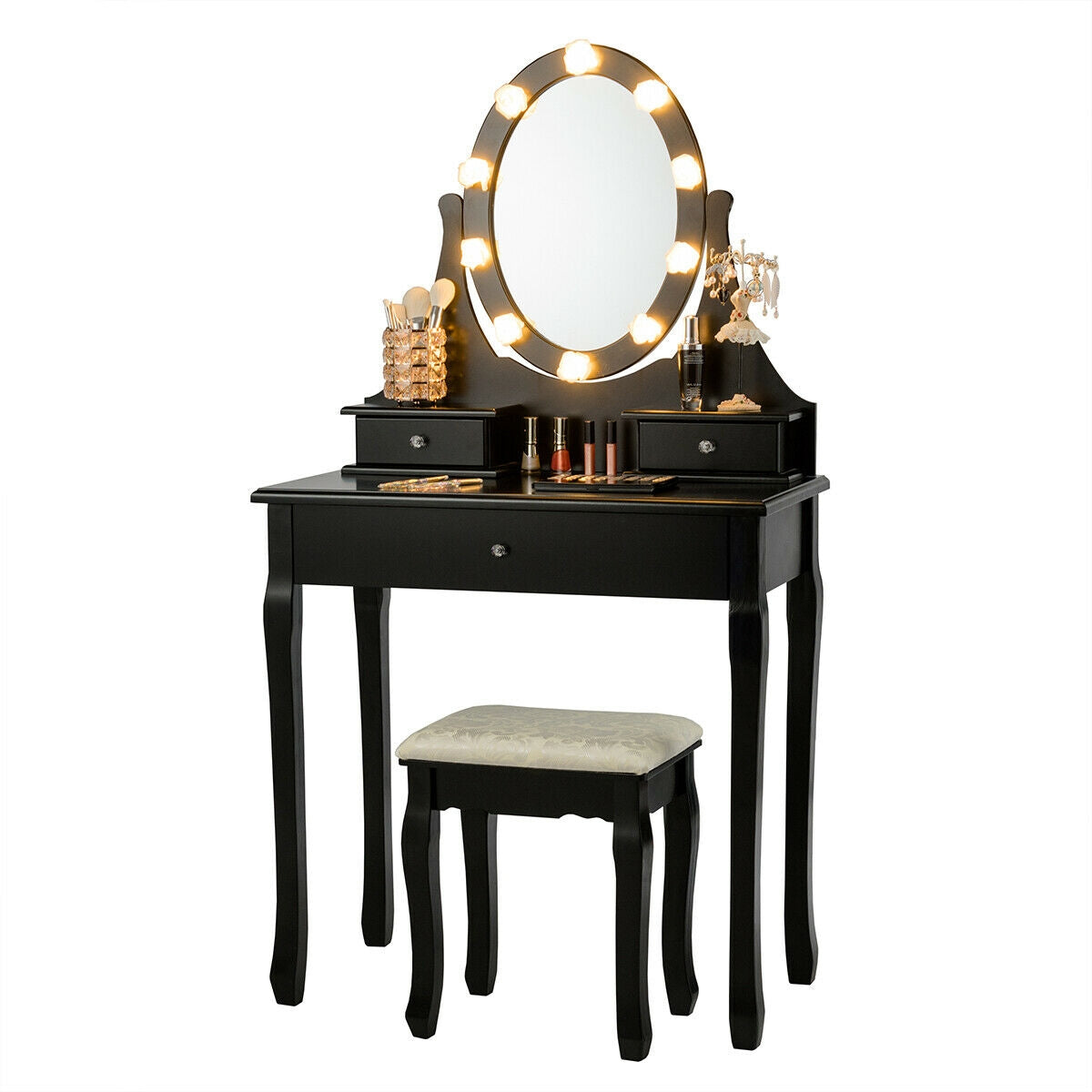 Lighted Mirror Vanity Table with 3 Drawers and Stool Set