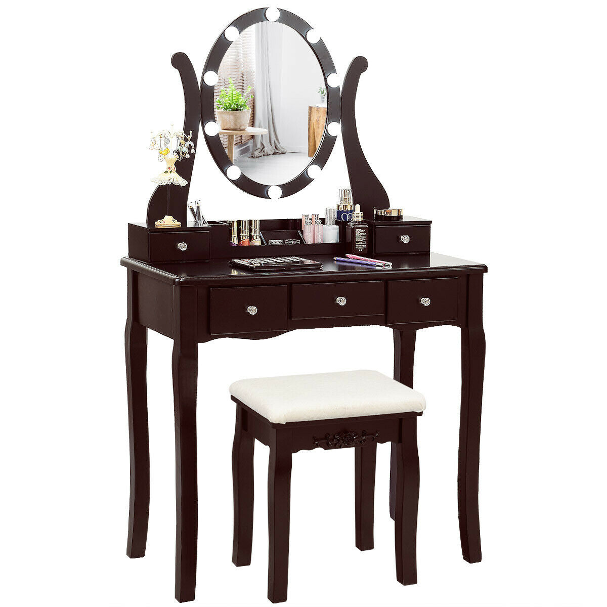 Vanity Table Set with Lighted Mirror and Cushioned Stool