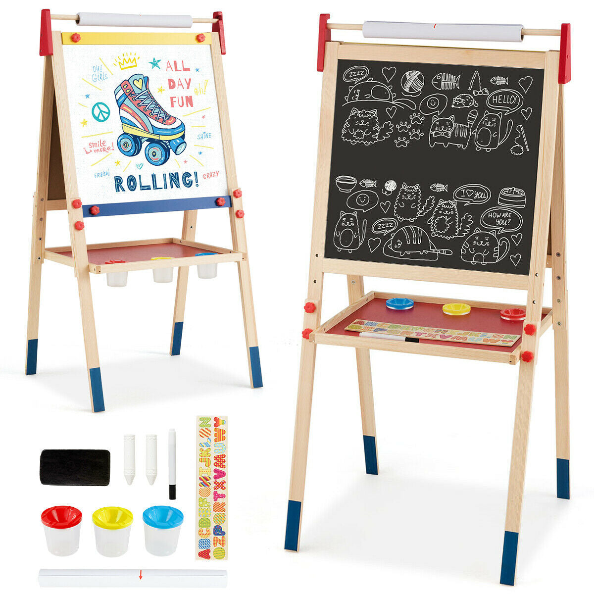 All-in-One Wooden Height Adjustable Kid's Art Easel with Magnetic Stickers and Paper