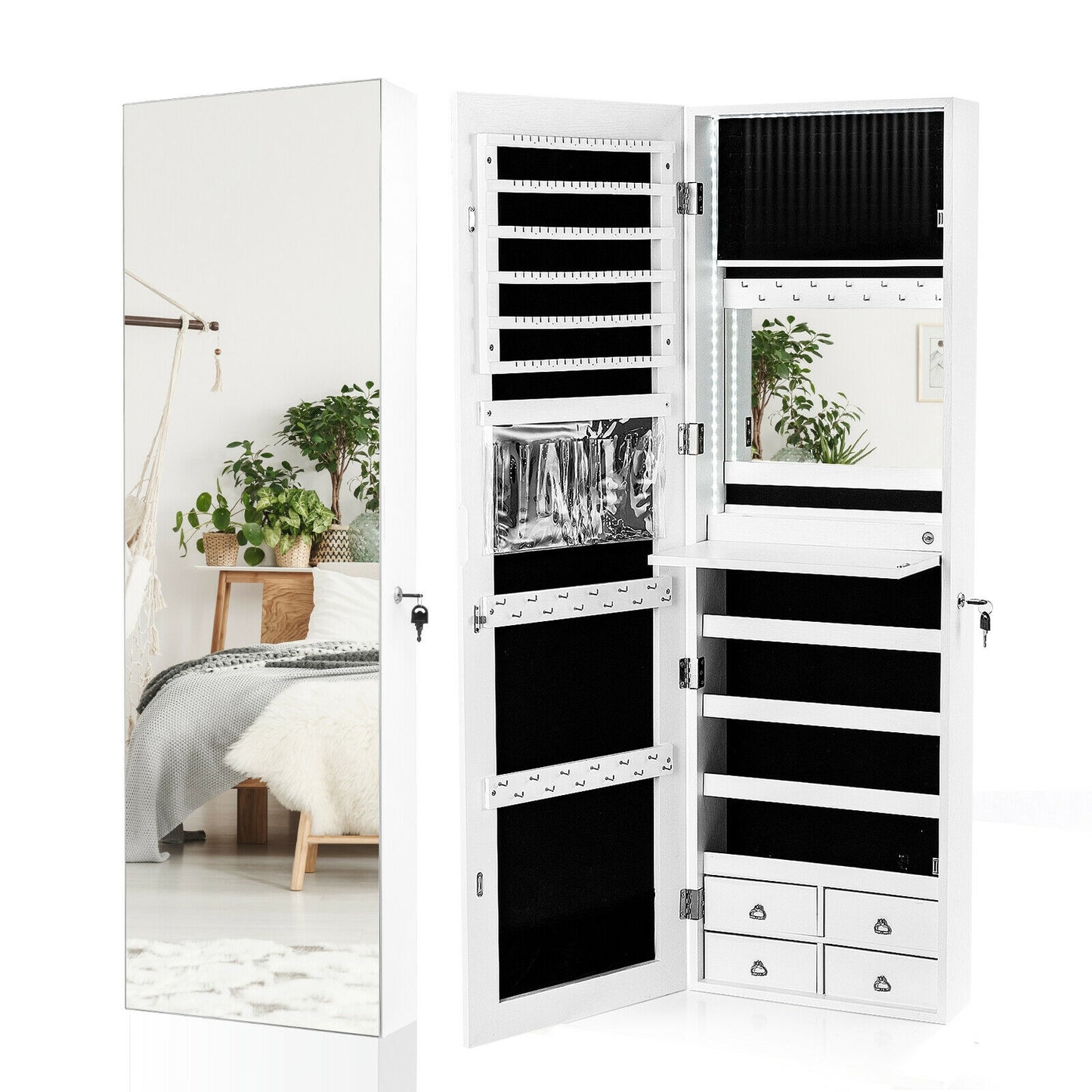 Wall-Mounted Jewelry Cabinet with Full-Length Mirror & LED Lights