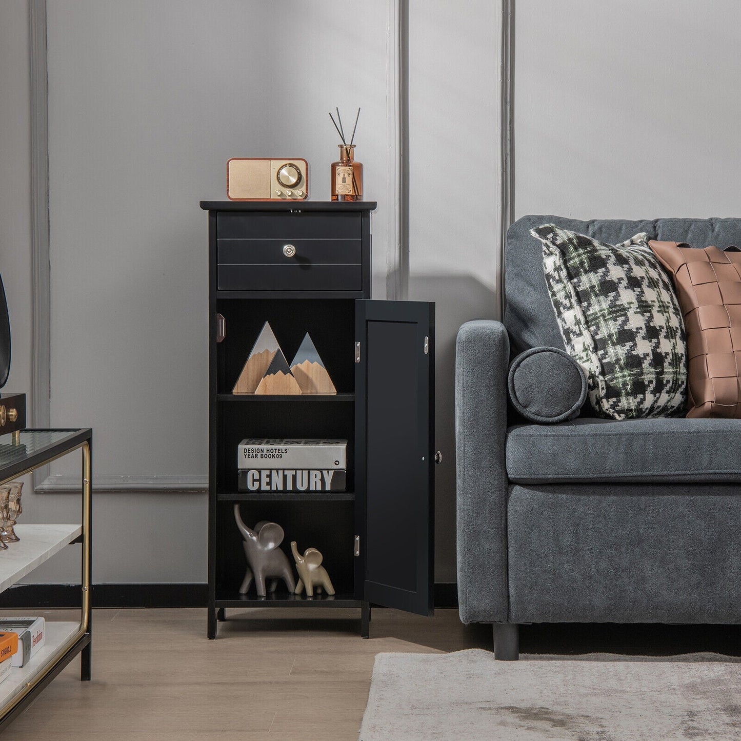 Wooden Bathroom Floor Storage Cabinet with Drawer and Shelf