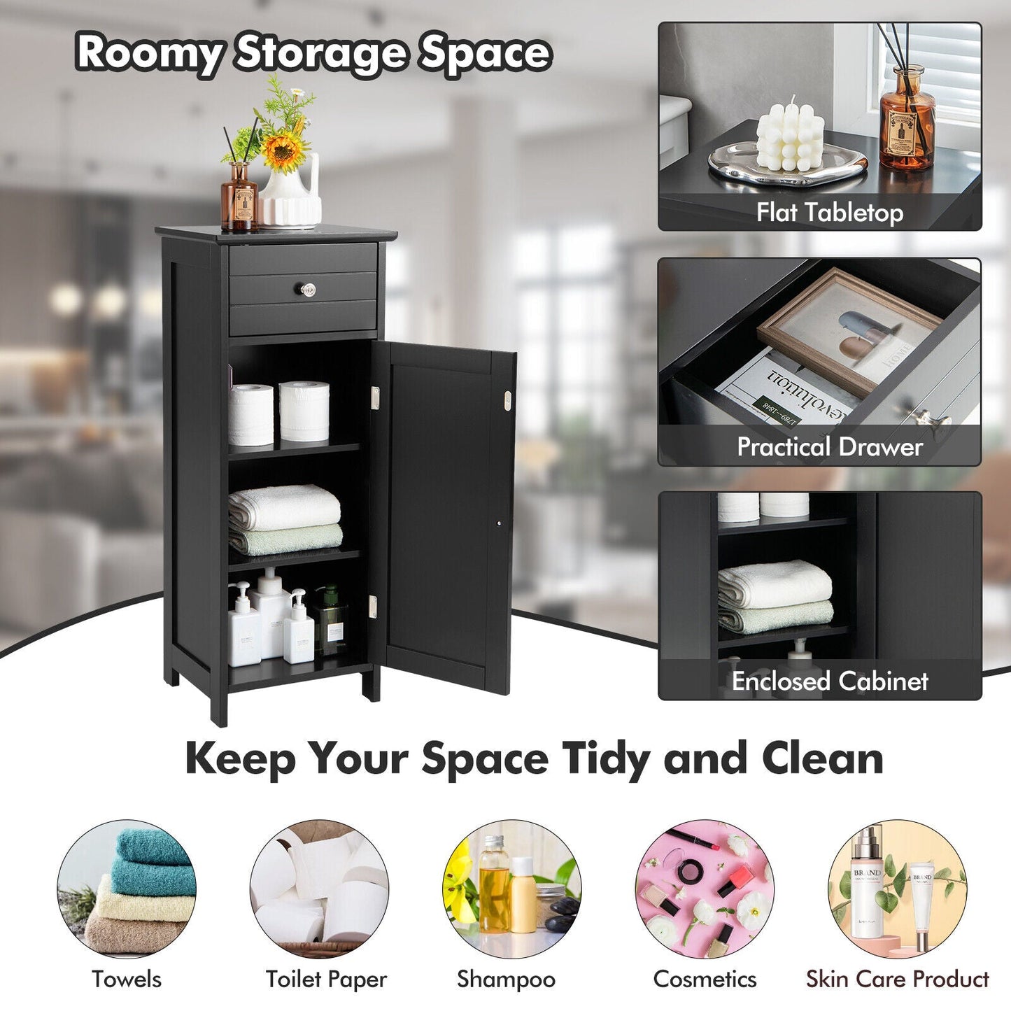 Wooden Bathroom Floor Storage Cabinet with Drawer and Shelf