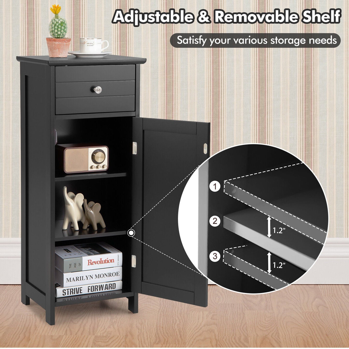 Wooden Bathroom Floor Storage Cabinet with Drawer and Shelf
