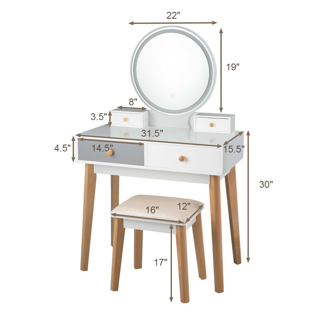 Makeup Vanity Table with Lighted Mirror and 4 Drawers