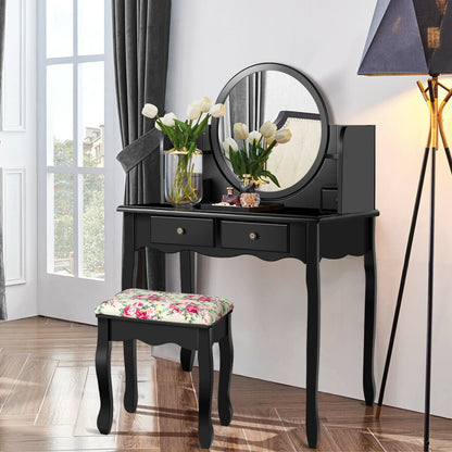 Makeup Vanity Table Set with Oval Mirror and Cushioned Stool