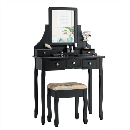 Makeup Vanity Set with 5 Drawers and Padded Stool