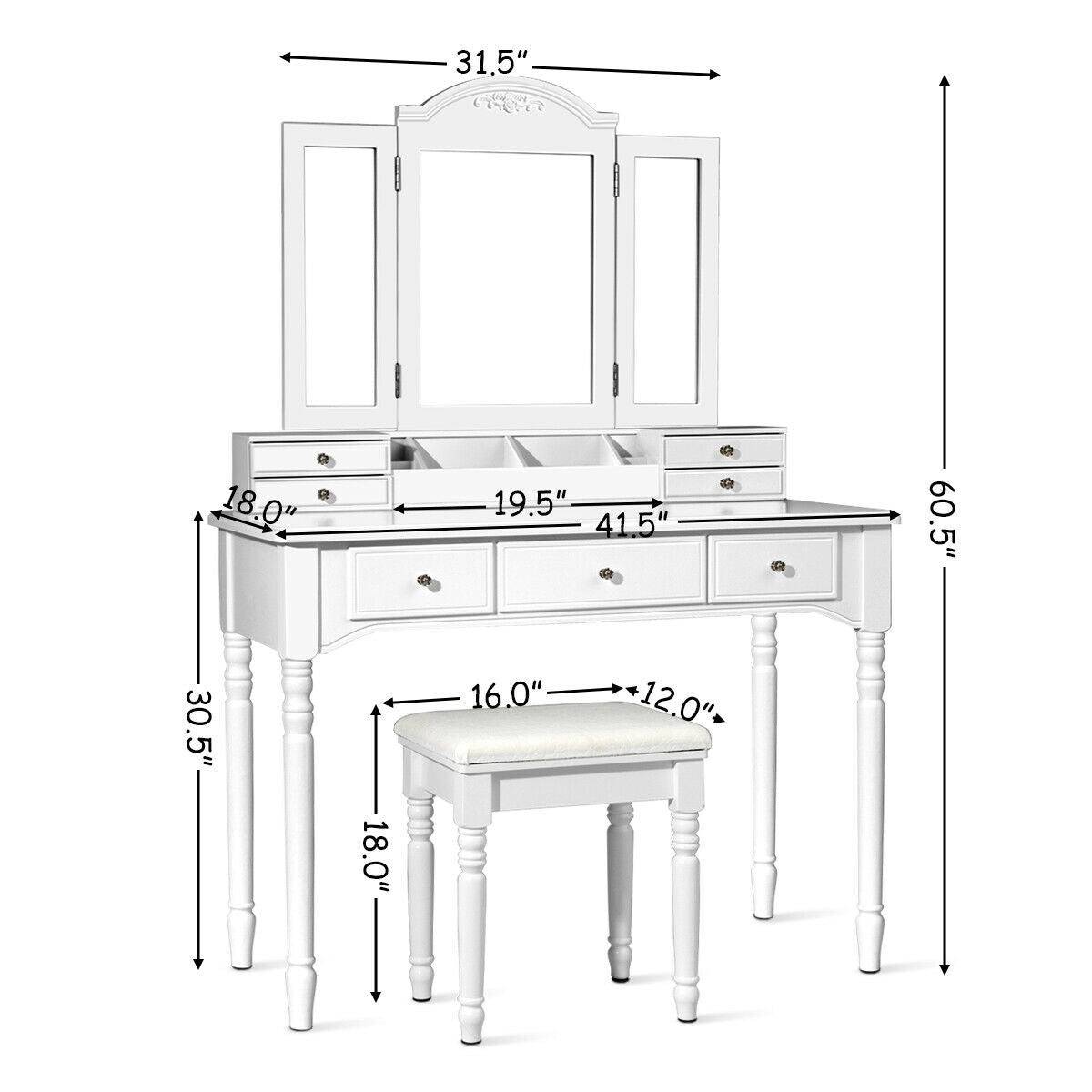 Tri-Fold Mirror Makeup Vanity Table with Cushioned Stool