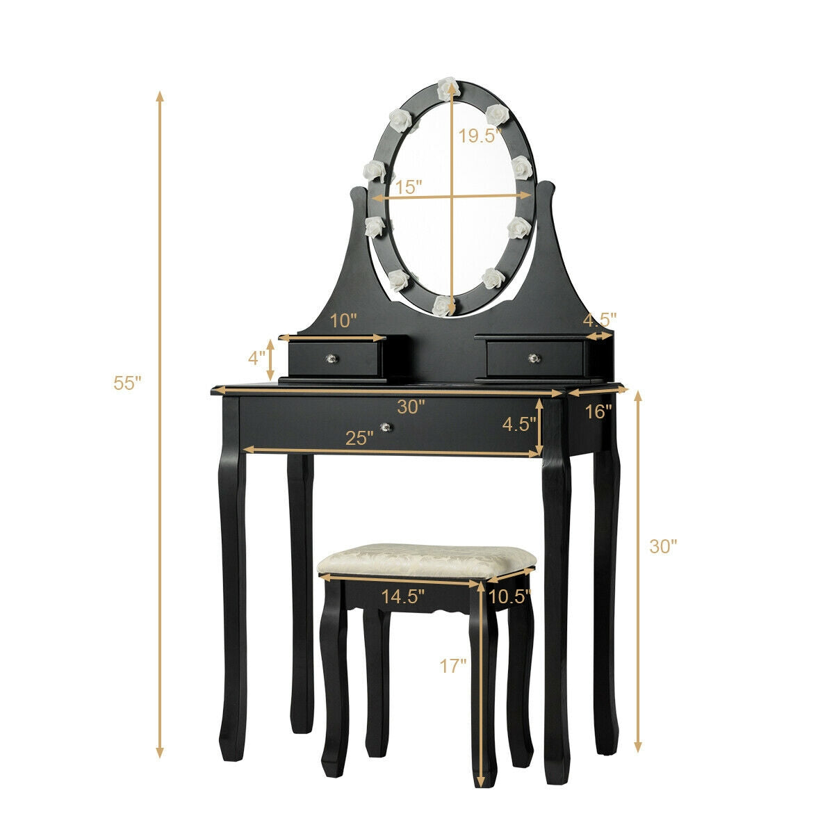 Lighted Mirror Vanity Table with 3 Drawers and Stool Set