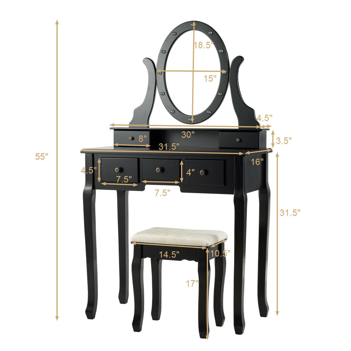 5-Drawer Vanity Table Set with LED Lighted Mirror & Stool