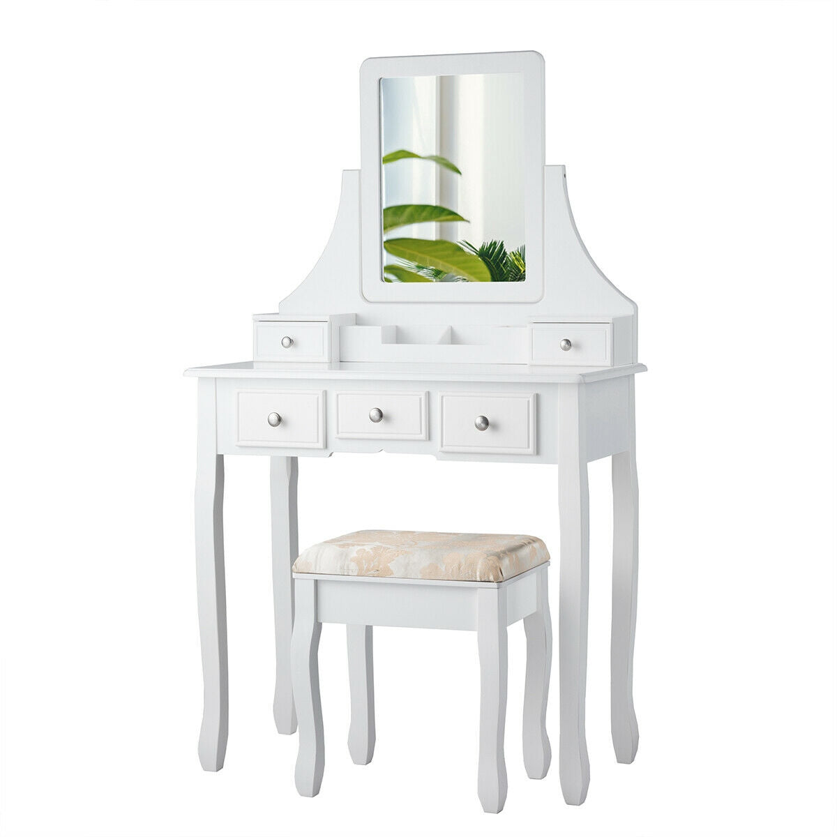 Makeup Vanity Set with 5 Drawers and Padded Stool