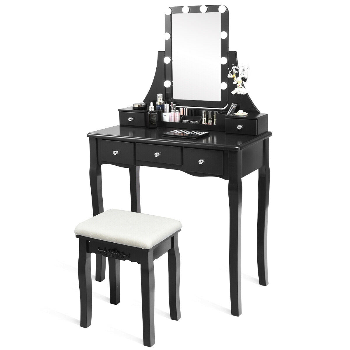 Vanity Table with 10 Dimmable Lights and Cushioned Stool
