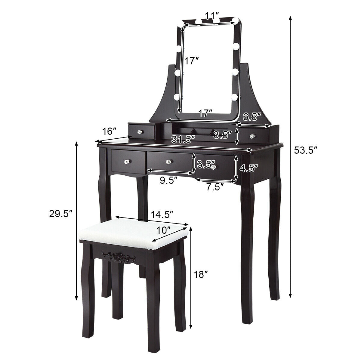 Vanity Table with 10 Dimmable Lights and Cushioned Stool