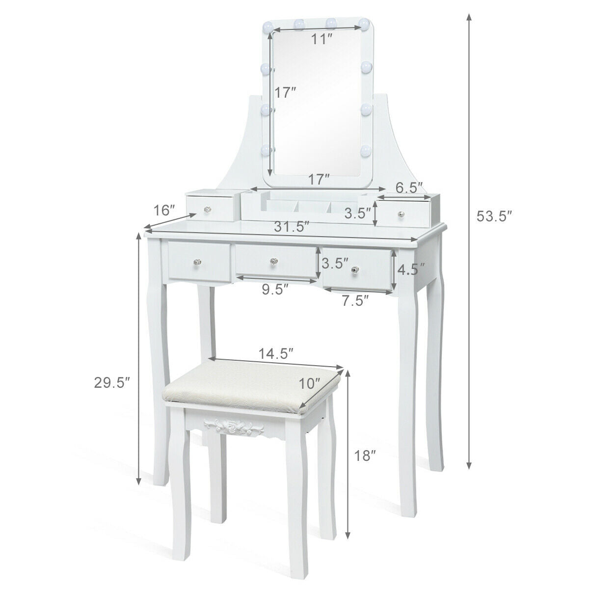 Vanity Table with 10 Dimmable Lights and Cushioned Stool