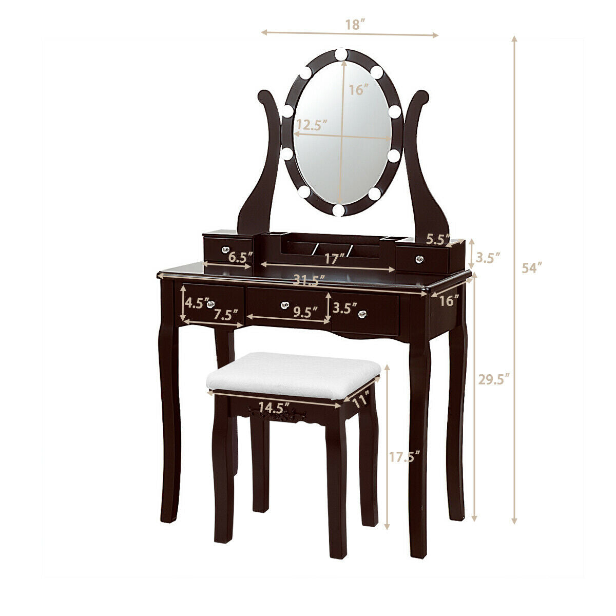 Vanity Table Set with Lighted Mirror and Cushioned Stool