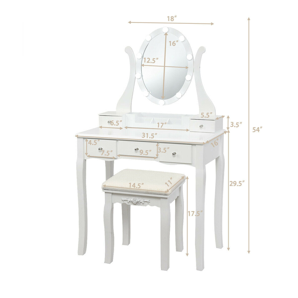 Vanity Table Set with Lighted Mirror and Cushioned Stool