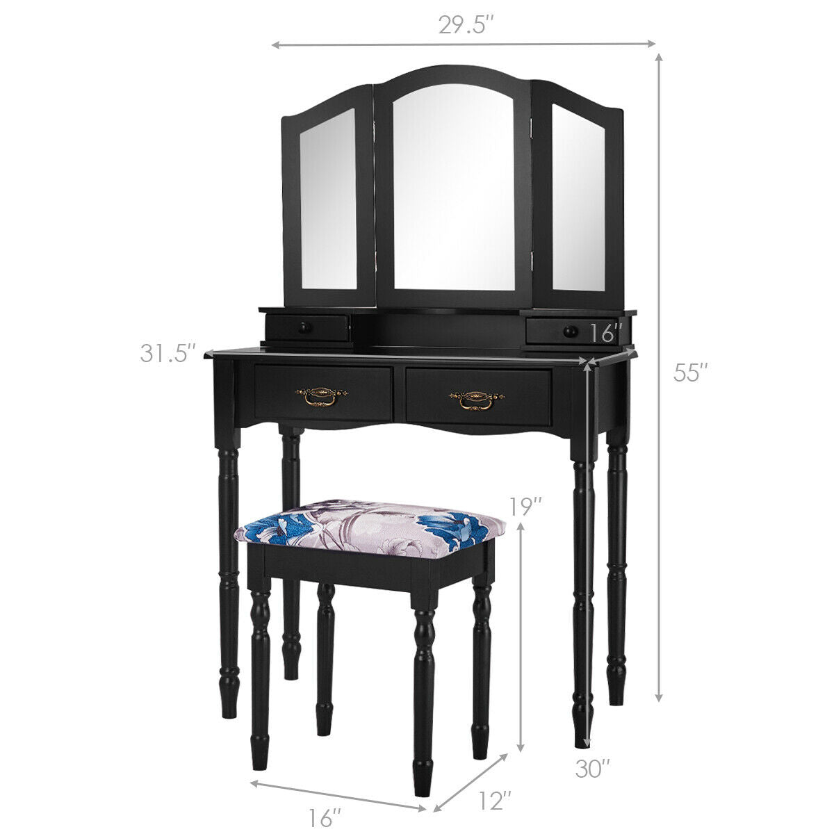 Vanity Set with Tri-Fold Mirror, 4 Drawers & Cushioned Stool