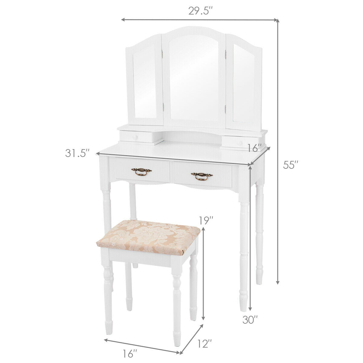 Vanity Set with Tri-Fold Mirror, 4 Drawers & Cushioned Stool