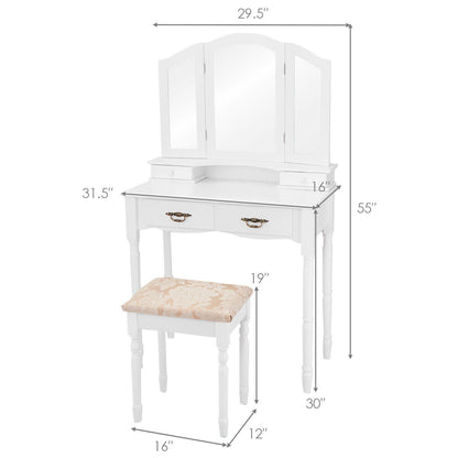 Vanity Set with Tri-Fold Mirror, 4 Drawers & Cushioned Stool