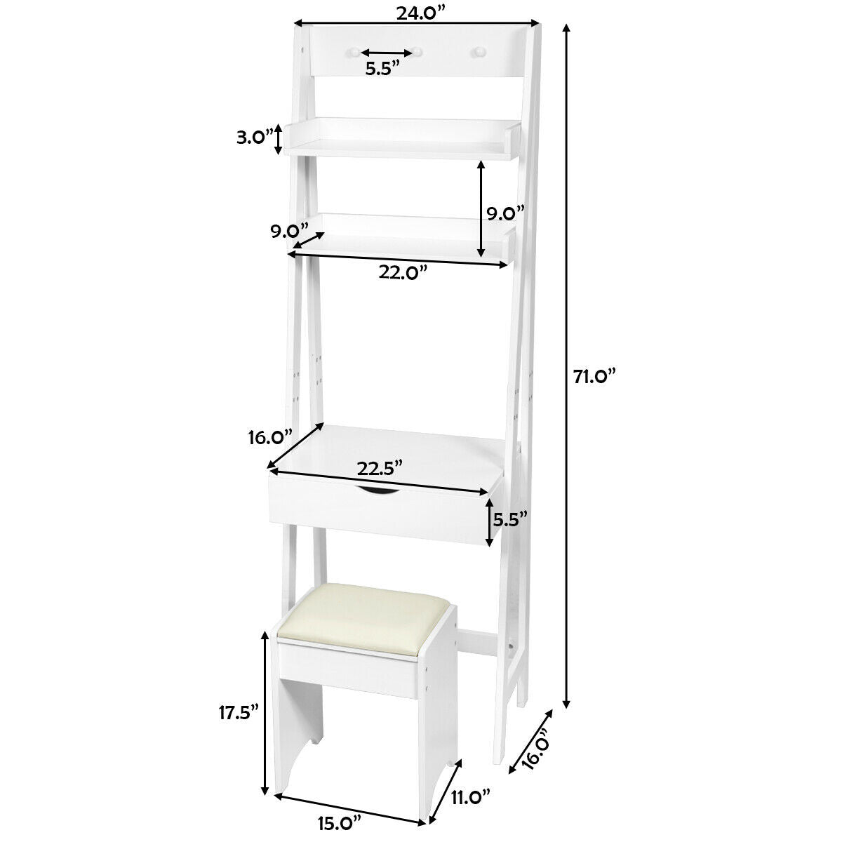 3-in-1 Vanity Set with Flip Top Mirror and Cushioned Stool