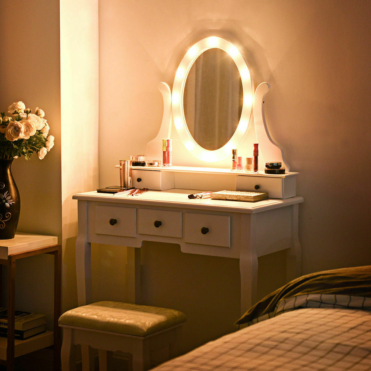 5-Drawer Vanity Table Set with LED Lighted Mirror & Stool