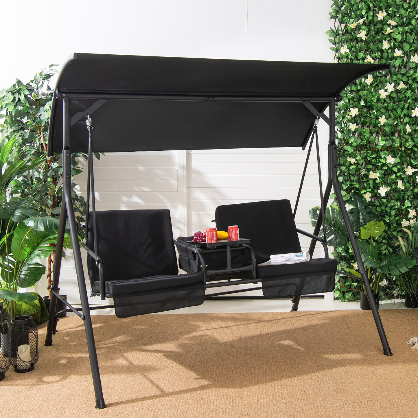 2-Seat Porch Swing with Adjustable Canopy and Cup Holders
