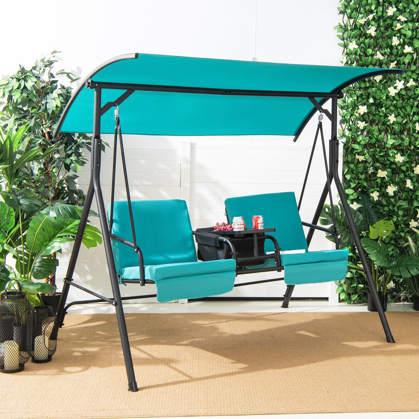 2-Seat Porch Swing with Adjustable Canopy and Cup Holders