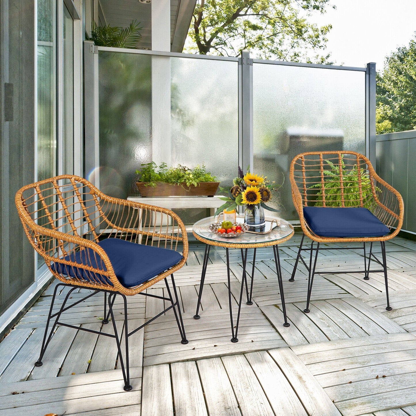 3-Piece Rattan Patio Conversation Set with Cushioned Chairs