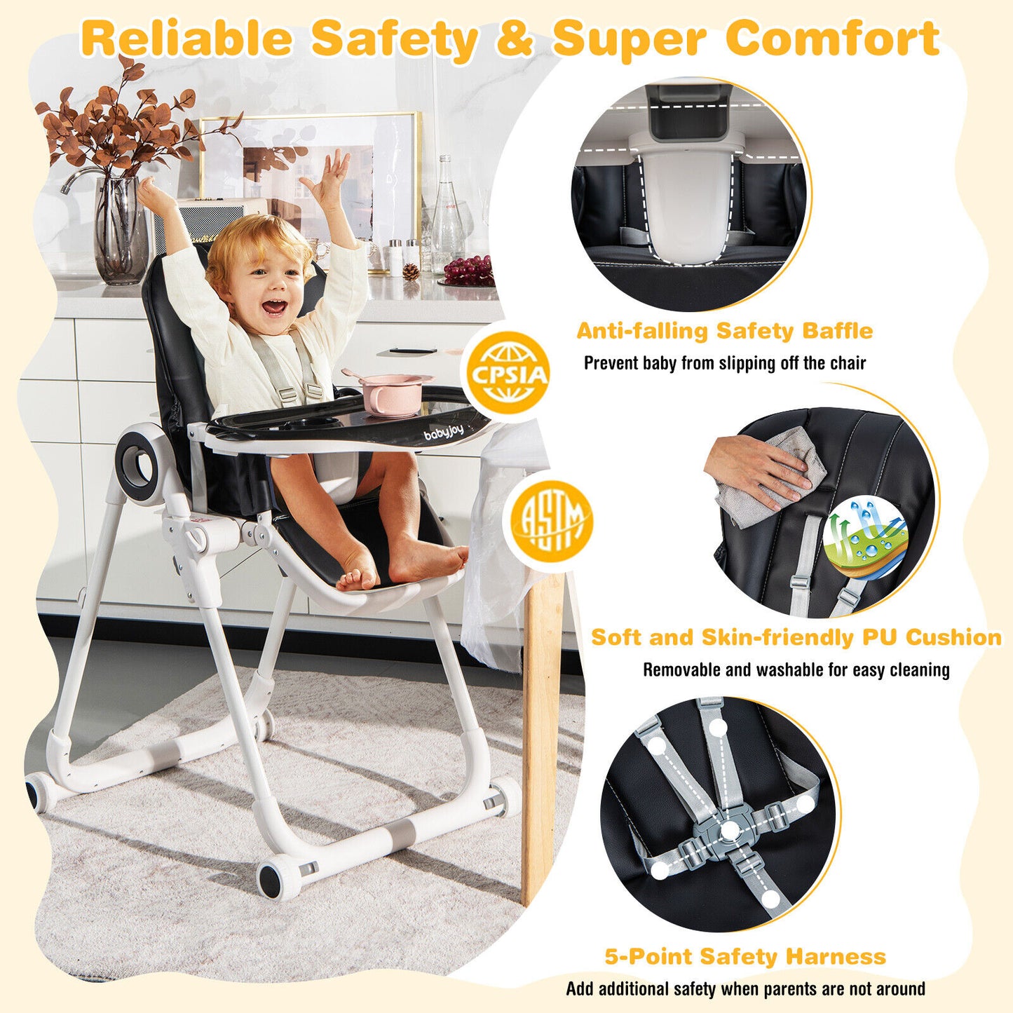Foldable Baby High Chair with Lockable Wheels - Adjustable
