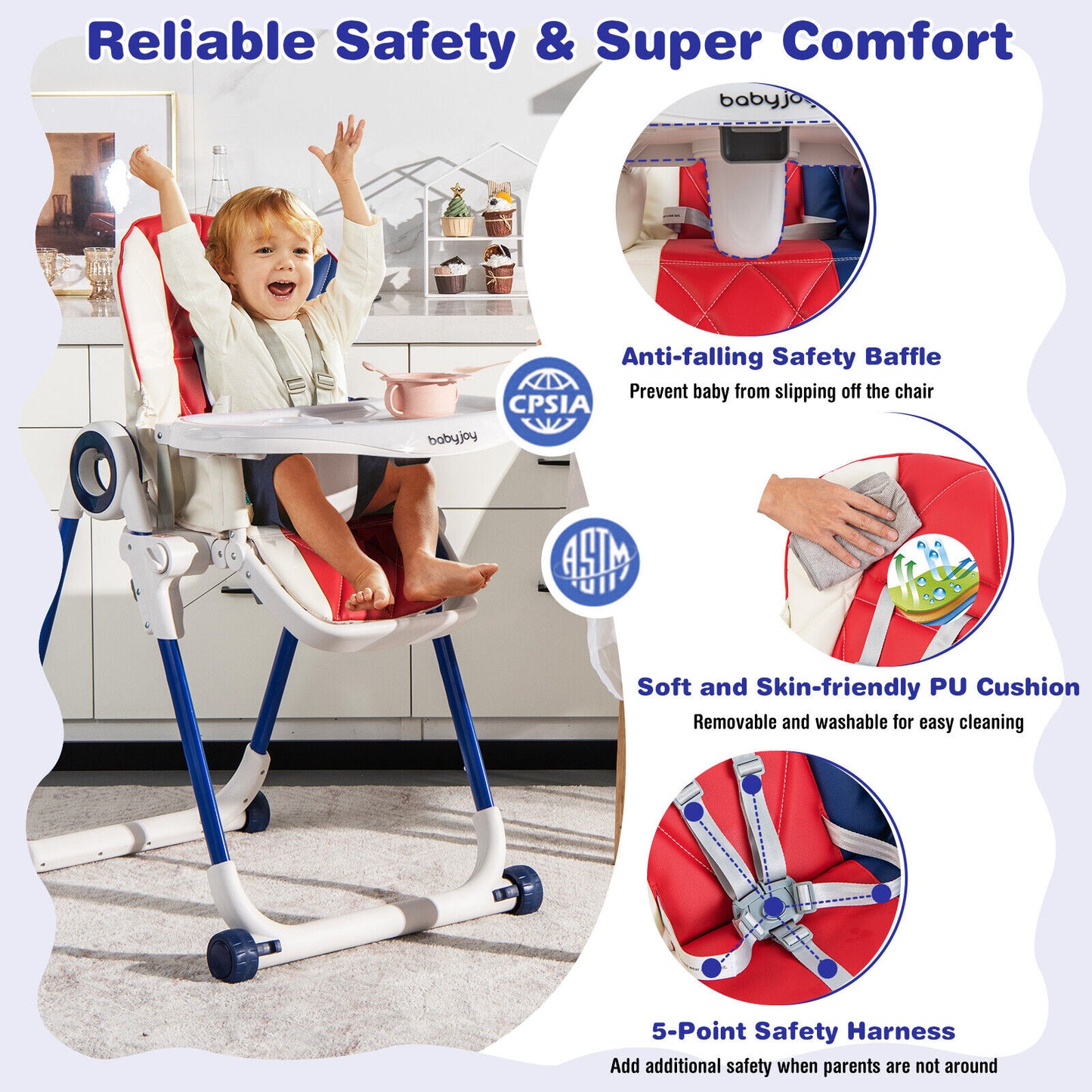 Foldable Baby High Chair with Lockable Wheels - Adjustable