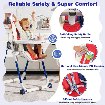Foldable Baby High Chair with Lockable Wheels - Adjustable