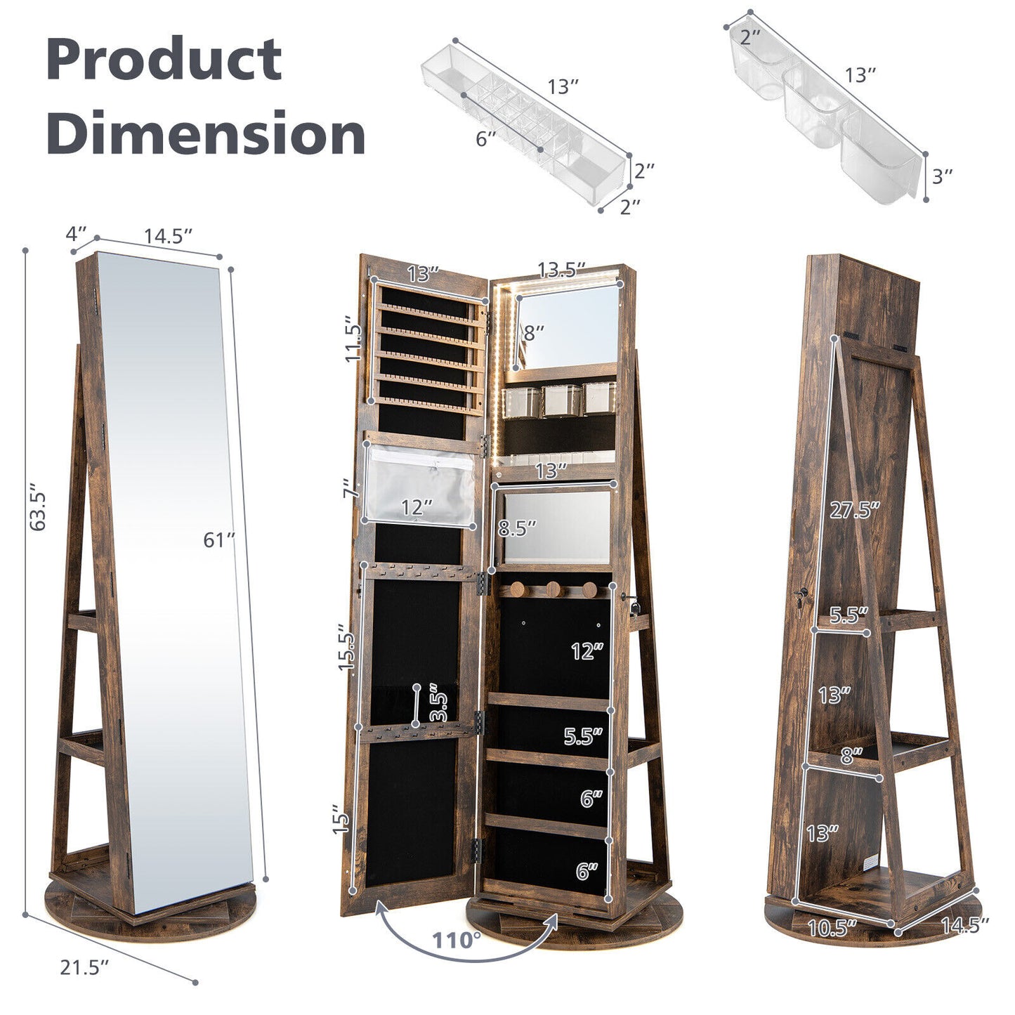 Rotating Mirrored Jewelry Armoire with LED Lighting