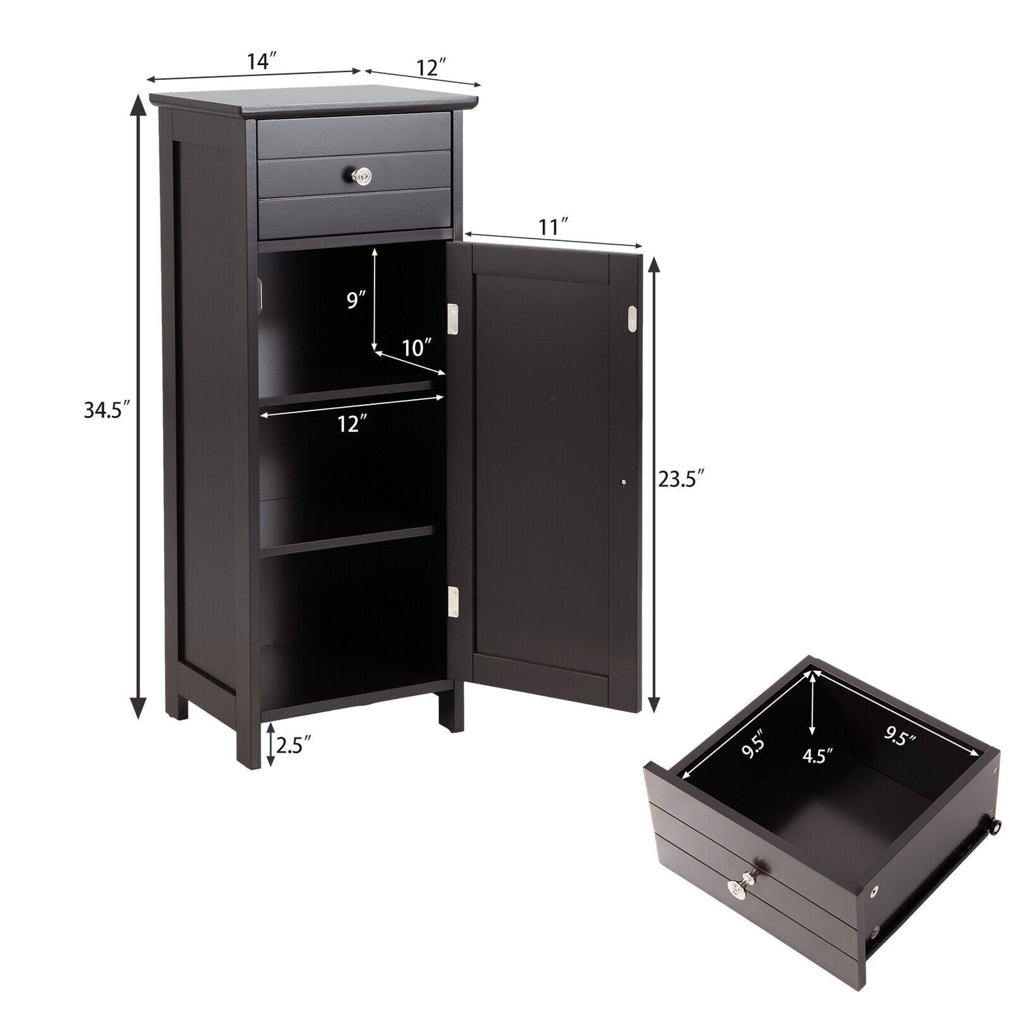 Wooden Bathroom Floor Storage Cabinet with Drawer and Shelf