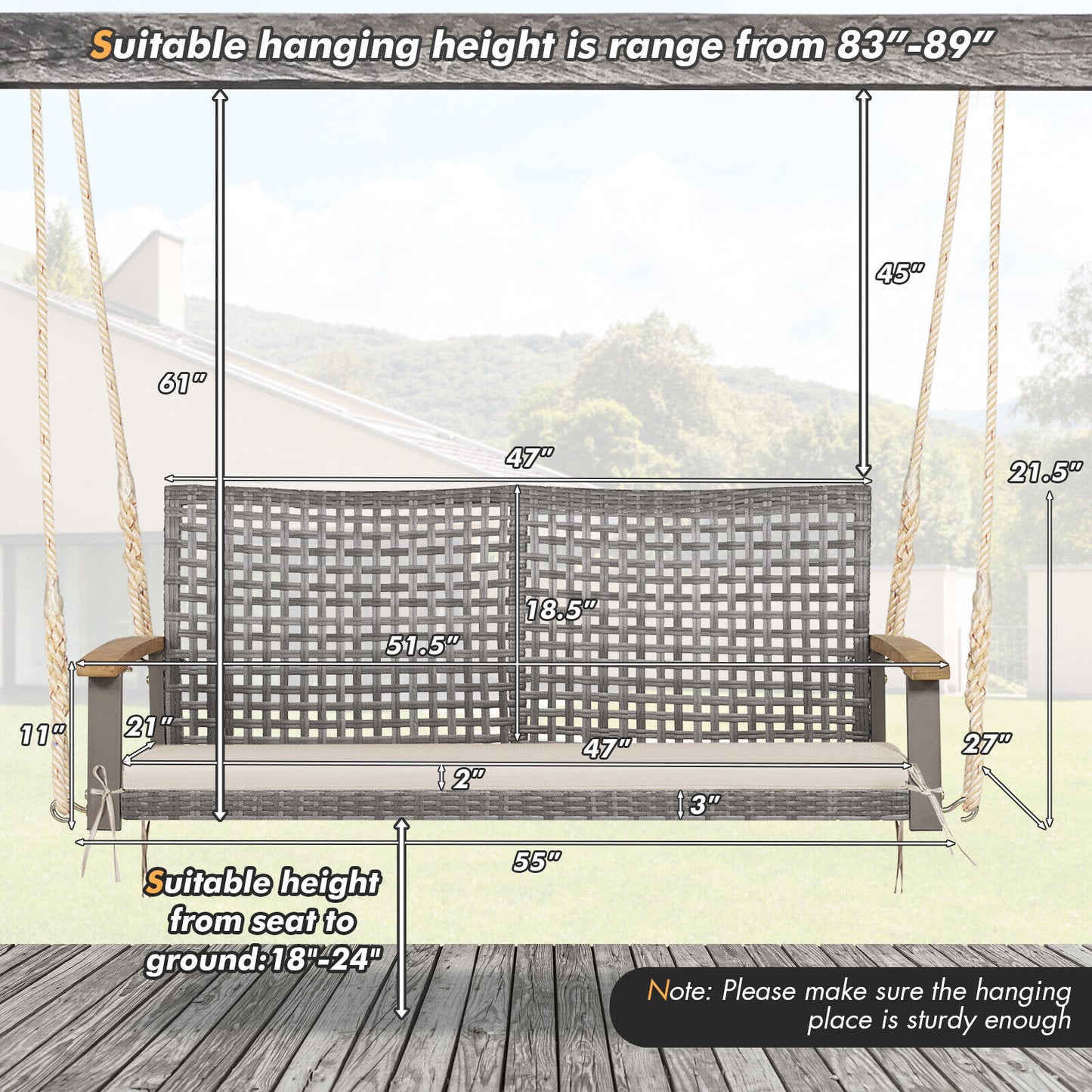 2-Person Wicker Porch Swing Chair with Cushion