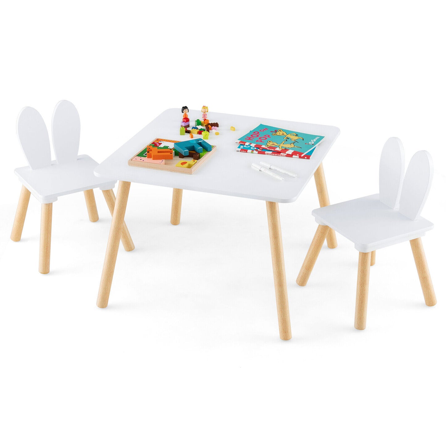 Kids Table and Chair Set with Bunny Ear Backrest - 3 Piece