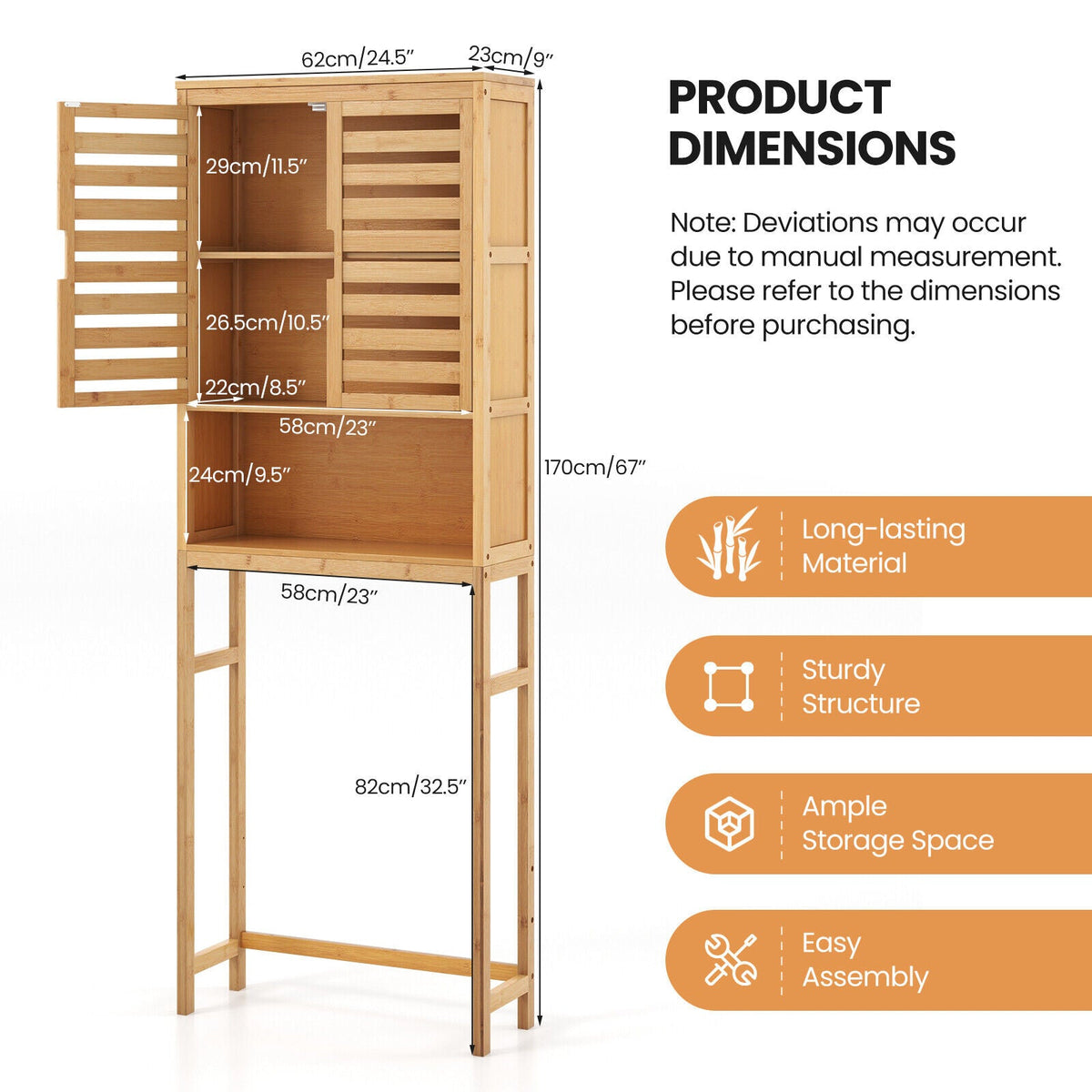 Bamboo Over The Toilet Storage Cabinet Bathroom with Adjustable Shelf-Natural
