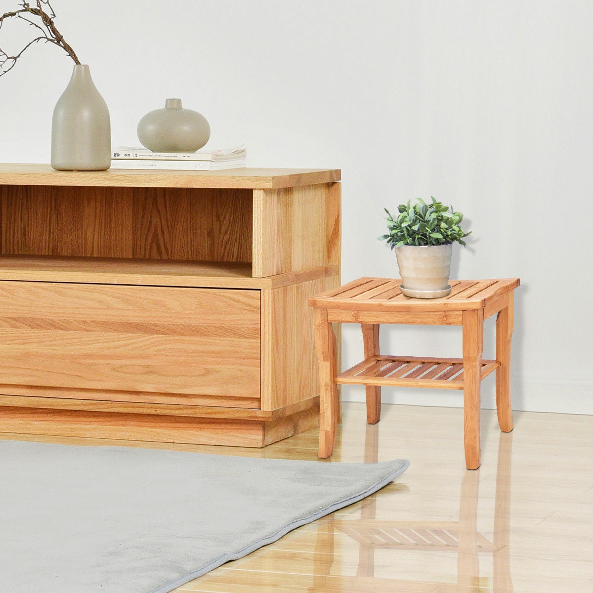 Bamboo Shower Chair Bench with Storage Shelf