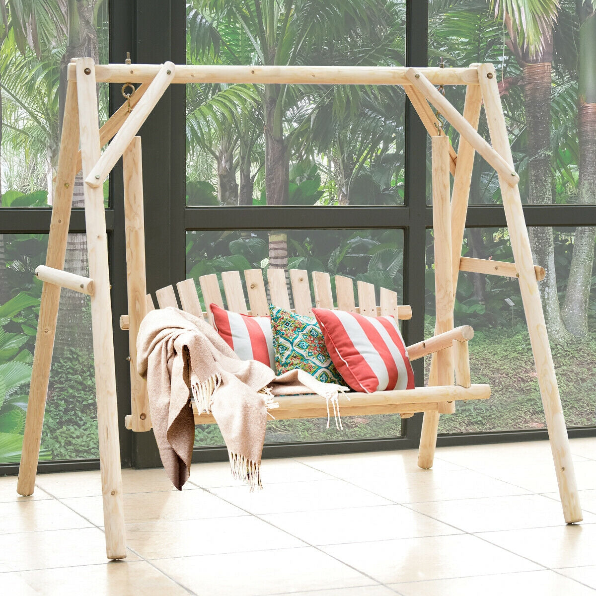 Wooden Porch Swing Bench with Curved Back - 440 lbs Capacity