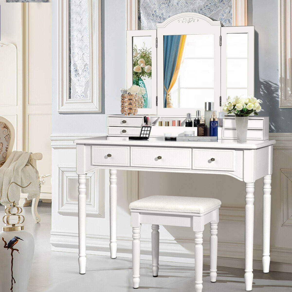 Tri-Fold Mirror Makeup Vanity Table with Cushioned Stool