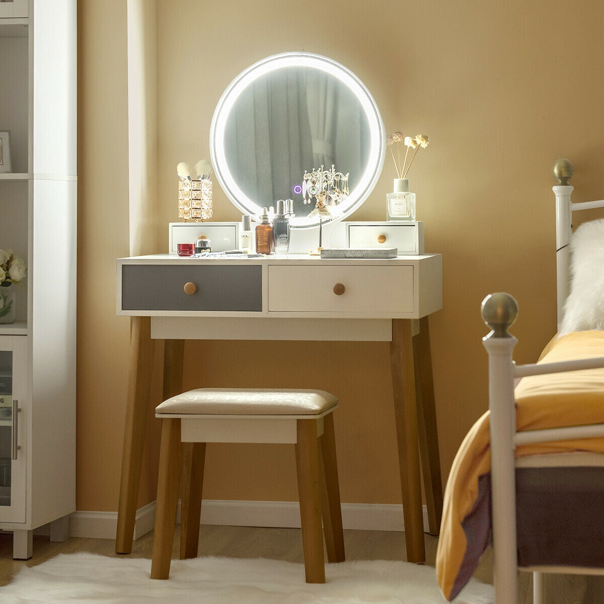 Makeup Vanity Table with Lighted Mirror and 4 Drawers