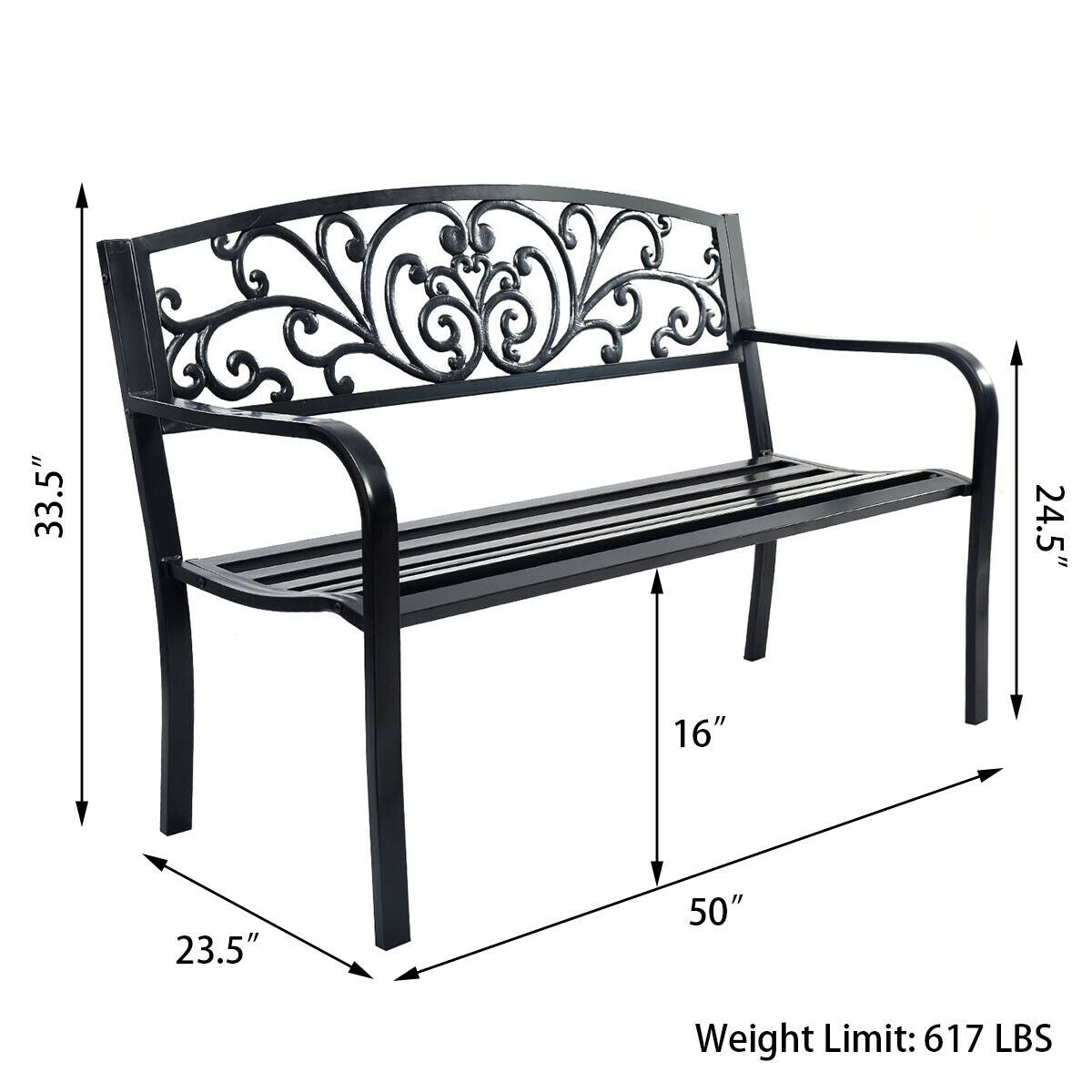 50-Inch Steel Frame Patio Bench with Cast Iron Backrest