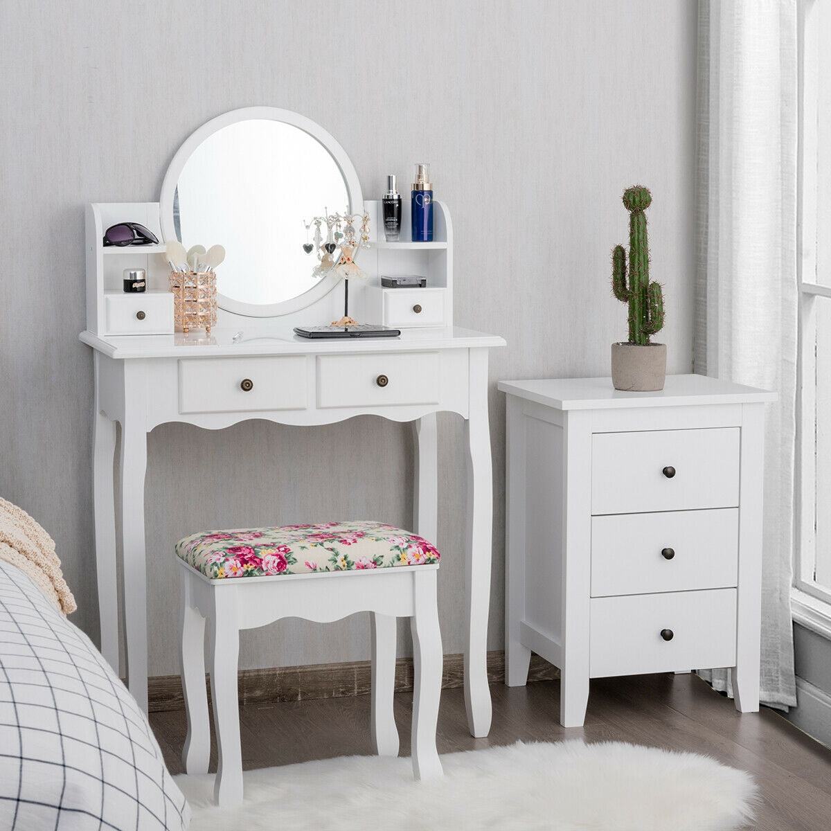 Makeup Vanity Table Set with Oval Mirror and Cushioned Stool