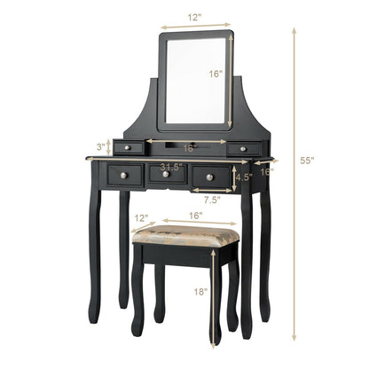 Makeup Vanity Set with 5 Drawers and Padded Stool